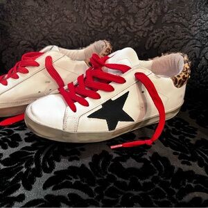 Black, red, cheetah print Golden Goose Superstar Distressed Sneakers